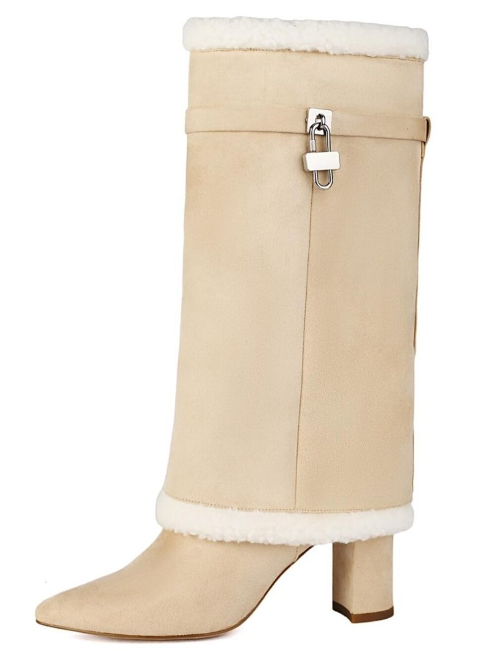 AIJIVOU Size 7 Boots Beige Fold Over Padlock Mid Calf Pointed Toe Fur Trim